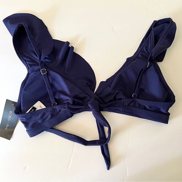 NWT New BCBG Paris Ruffled V Neck Plunge Bikini Swim Top L Midnight Adjustable - Picture 5 of 7